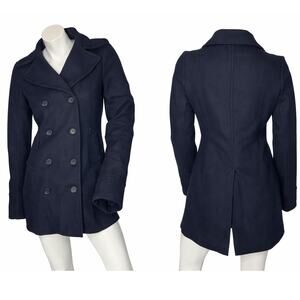 Stussy Girls Navy Blue Pea Coat Double Breasted Wool Blend Jacket Medium